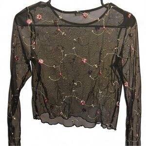 PacSun Black Sheer Top with Pink Floral Embroidery